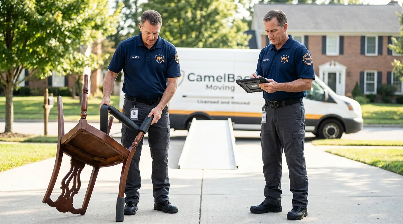 Movers inspecting furniture for damage prevention before loading in Loretto, PA